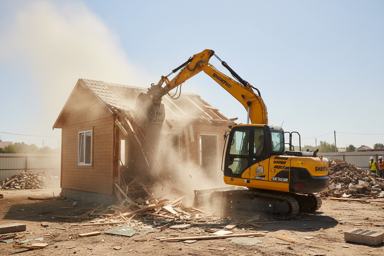 A yellow excavator demolishes a small wooden house, sending up a cloud of dust and debris.